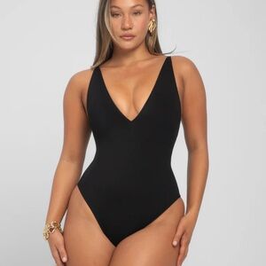 T3 Elegant Black V-Neck One-Piece Swimsuit
